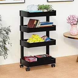 Kuber Industries 4-Layer Plastic Stackable Rack for Storage Multipurpose with Wheels | Moveable Basket & Book Shelf for Kids Room | Portable Side Rack for Living Room, Study Room & Office | Black-picture-11
