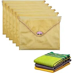 Kuber Industries 6 Pcs Double Layer Organza Saree Covers for Gifting with Flower Flap Closure | Wedding Saree Cover | Single Saree/Suit Packing Shagun Cloth Cover | Golden Lace - Gold-image-32