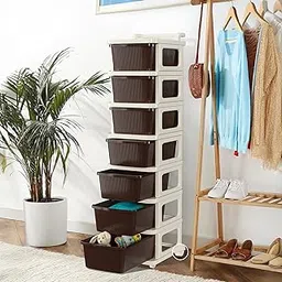 Kuber Industries 7 Layer Plastic Modular Storage Drawer Organizer with Wheels | Chest of Drawer Storage Box for Living Room, Office, School and Home | Toys Organiser for Kids Room | Ivory & Brown-image-43