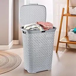 Kuber Industries 70 Ltrs Plastic Large Laundry Basket for Clothes with Lid | Multipurpose Storage Organiser for Home, Bedroom and Bathroom | Grey-picture-22
