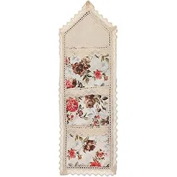 Kuber Industries Flower Printed Multiuses 3 Pockets Wall Hanging Storage Organizer/Holder For Home (Cream & Red)-50KM01175(Cotton)-picture-17