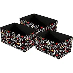 Kuber Industries Foldable Boxes For Storage (Pack of 3) - Multipurpose Storage Organizer For Clothes | Wardrobe | Closet | Toys | Books - Disney Mickey Print - Undergarment Organizer Basket (Black)-picture-30