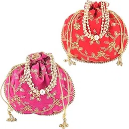 kuber industries 2 Pcs Polyester Potli Bags for Women | Traditional Indian Zari Work Potli Bag | Ladies Batwa Purse for Return Gifts | Drawstring Handbag & Khajoor Wristlets - Pink & Red-picture-35