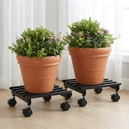 kuber industries 2 Pcs Square Metal Planter Stand with Wheels for Home | Black Plant Container Set-picture-10