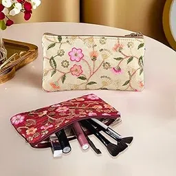 Kuber Industries 2 Pcs Traditional Hand Purse Ladies with Zip | Embroidery Ethnic Pouch/Wallet Purse for Women | Return Gift for Ladies | New Flower - Cream & Maroon-picture-28