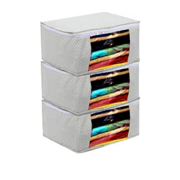 Kuber Industries 3Pcs Grey & White Printed Cotton Foldable Water Resistant Saree Organiser-picture-26