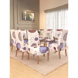 Kuber Industries 8-Pcs Cream-Colored Brown Gola Printed Stretchable Dining Chair Cover-image-4