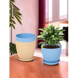 Kuber Industries Blue & Beige 4 Pieces Textured Flower Pot Planters With Tray-picture-24