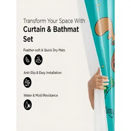 Kuber Industries Blue & Brown 3 Pieces Quirky Printed Bathroom curtain and Bathrugs-image-25