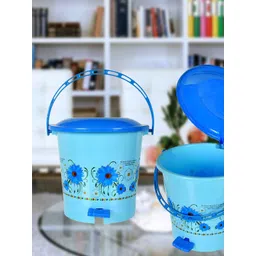 Kuber Industries Blue & Green 3-Pcs Floral Printed Pedal Dustbins With Handle - 5 L Each-picture-35
