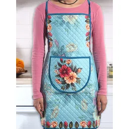 Kuber Industries Blue & Green Floral-Printed Velvet Quilted Chef Apron With Pocket-picture-22