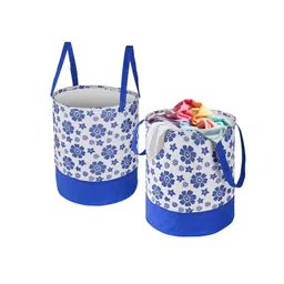 Kuber Industries Blue & White 2 Pieces Floral Printed Foldable Laundry Bag 45L Each-picture-24