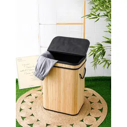 Kuber Industries Brown & Black Textured Bamboo Foldable Laundry Bag With Lid-picture-21