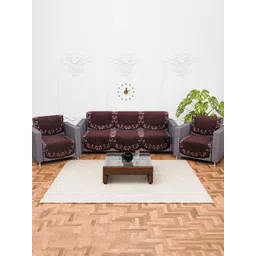 Kuber Industries Brown and White 10 Pieces 5 Seater Floral Printed Velvet Sofa Covers-image-12