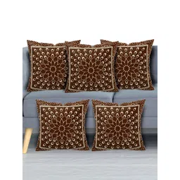 Kuber Industries Brown Set of 5 Ethnic Motifs Velvet Square Cushion Covers-picture-26