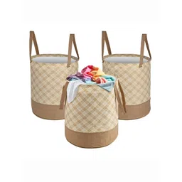 Kuber Industries Cream 3 Pieces Checked Foldable Laundry Bags 45 L Each-picture-29
