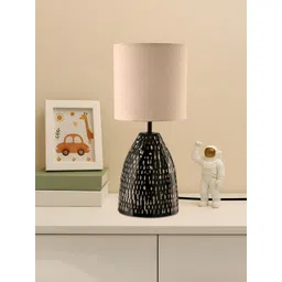 Kuber Industries Cream-Coloured & Black Textured Wooden Cylindrical Shaped Table Lamp-picture-30