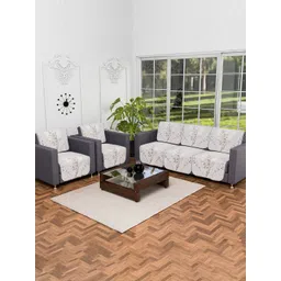 Kuber Industries Cream-Coloured & Brown 10 Pieces Printed 5 Seater Cotton Sofa Cover image 1