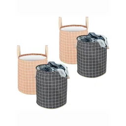 Kuber Industries Dark Grey & Brown 4 Pieces Checked Cotton Laundry Bag With Handles-picture-11