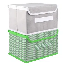 Kuber Industries Drawer Storage Box  Foldable Dhakkan Storage Box  Non-Woven Clothes Organizer For Toys  Storage Box with Handle  Large  Pack of 2  Green & Gray-picture-15
