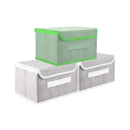 Kuber Industries Drawer Storage Box  Foldable Dhakkan Storage Box  Non-Woven Clothes Organizer For Toys  Storage Box with Handle  Medium  Pack of 3  Green & Gray-picture-11