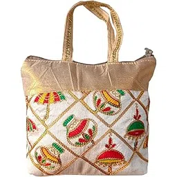 Kuber Industries Embroidery Small Hand Bag, Tote Bag, Purse For Daily Trips, Travel, Office & All Occasions For Women & Girls (Gold)-HS_38_KUBMART21477-picture-56