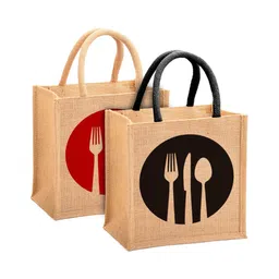 Kuber Industries Fork Knife Print Jute Reusable Eco-Friendly Hand Bag Grocery Bag For Man, Woman With Handle Pack Of 2,Black & Red, 54KM4359-picture-11