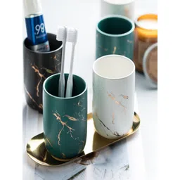 Kuber Industries Green & White 2 Pieces Ceramic Marble Toothbrush Holders-picture-26