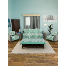 Kuber Industries Green & White Printed Velvet Sofa Cover image 1