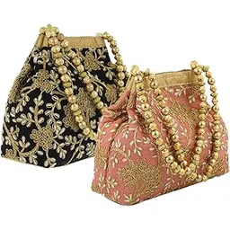 kuber industries Heart Home Polyester 2 Pieces Embroidered Potli Batwa Pouch Bag for Women (Peach & Black) HEART2884-picture-48