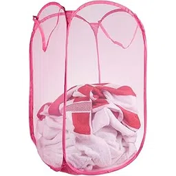 Kuber Industries Laundry Basket | Net Foldable Laundry | Nylon Storage Basket with Handle | Clothes Basket for Home | Hostel | Toy Storage | 20 Liter | Pink-picture-37