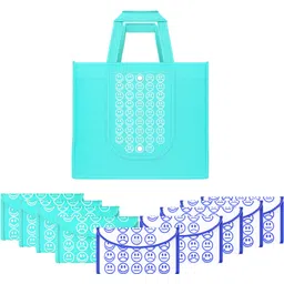 kuber industries Pack of 10 Smile Foldable Grocery/Shopping Bags For Women | Blue & White Blue Pack of 10 Grocery Bags-picture-12