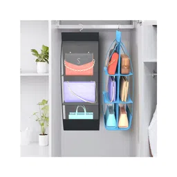 Kuber Industries Pack of 2 Hanging Organizer | 6 Pocket Transparent Storage Organizer | Clutch Handbag Organizer | Hanging Purse for Wardrobe | Handbag Storage For Closet | Black & Sky Blue-picture-13