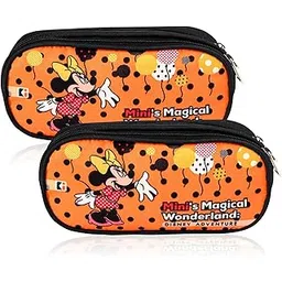 kuber industries Pack of 2 Pencil Pouch | Multi-Purpose Travel Pouch | 2 Compartments Utility Pouch | Waterproof Stationary Bag | Geometry Box | Disney Minnie Magic | Orange & Green-picture-34