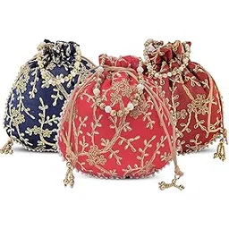 kuber industries Pack of 3 Potli Bags for Ladies & Girls | Shagun Pouches for Festive Seasons | Embroidery Bridal Purse -Dark Blue, Maroon & Red-picture-12
