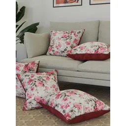 Kuber Industries Pink & Brown 5 Pieces Floral Square Silk Cushion Covers-picture-35