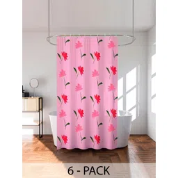 Kuber Industries Pink & Red 6 Pieces Floral Printed Shower Curtain With Rings-picture-39