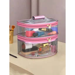 Kuber Industries Pink D Shape-Design Dual Layer Makeup Bag With Handle-picture-35