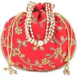 kuber industries Polyester Potli Bags for Women | Traditional Indian Zari Work Potli Bag | Ladies Batwa Purse for Return Gifts | Drawstring Handbag & Khajoor Wristlets - Red-picture-32