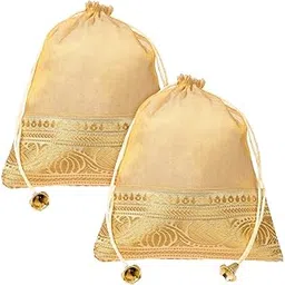 Kuber Industries Potli | Tissue Fabric with Banarasi Border | Wallet Potli | Traditional Indian Drawstring Bags for Wedding | Shagun | 7x9 Inch | Pack of 2 | Golden-picture-49