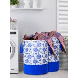 Kuber Industries Set Of 2 Blue & White Printed Round Foldable Laundry Baskets With Handles-picture-38