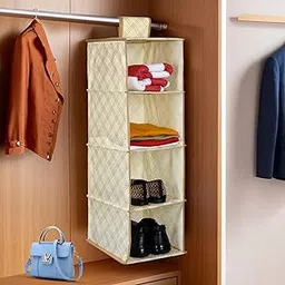 Kuber Industries Shoe Rack | 4 Shelf Foldable Storage Rack | Clothes Hanging Organizer | Shoe Storage Organizer | Closet Organizer with Velcro | Cabinet Storage Rack | Check-Print | Cream-picture-31