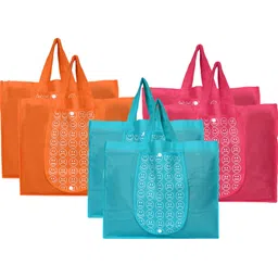 kuber industries Shopping Grocery Bags Foldable, Washable Grocery Tote Bag with One Small Pocket, Eco-Friendly Purse Bag Fits in Pocket Waterproof & Lightweight (Set Of 6,Orange & Pink & Blue) Pack of 6 Grocery Bags-picture-14