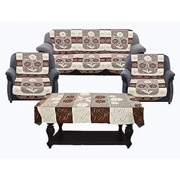 Kuber Industries Side Flower Cotton 5 Seater Sofa Cover with Center Table Cover, 70" x 29", 7 Piece, Brown and Cream-image-23