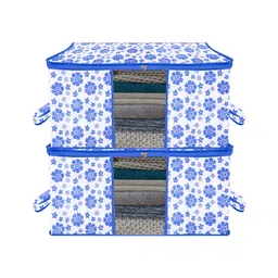 Kuber Industries Underbed Storage Bag   Clothes Storage Organizer  Blanket Cover with Clear Window  Zipper Closure & Handle Cloth Organizer  Flower-Design  Large  Pack of 2  Blue-image-40