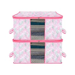 Kuber Industries Underbed Storage Bag   Clothes Storage Organizer  Blanket Cover with Clear Window  Zipper Closure & Handle Cloth Organizer  Flower Patta-Design  Large  Pack of 2  Pink-image-47