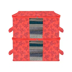 Kuber Industries Underbed Storage Bag   Clothes Storage Organizer  Blanket Cover with Clear Window  Zipper Closure & Handle Cloth Organizer  New Flower-Design  Large  Pack of 2  Red-image-38