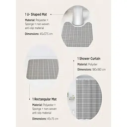 Kuber Industries White & Grey 3 Pieces Geometric Printed Shower Curtain & Bathmat Set-picture-31