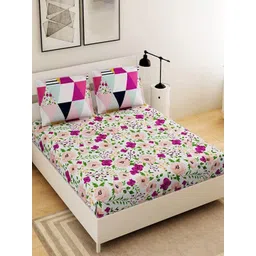 Kuber Industries White & Pink Floral Cotton 144 TC King Bedsheet With 2 Pillow Covers-picture-22