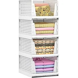 Kuber Industries Large 4 Pcs Stack it Up Cloth Stacker | Foldable Shirt Storage Stacker for Wardrobe | Plastic Stackable Closet Organizer | White-picture-15